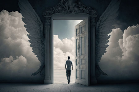 person, looking back on their life, with the door to heaven in the background, created with generative aiの素材