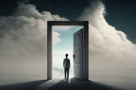 person, looking back on their life, with the door to heaven in the background, created with generative aiの素材