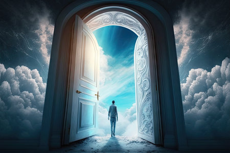 person, walking through door to heaven, with glimpse of paradise visible on the other side, created with generative aiの素材