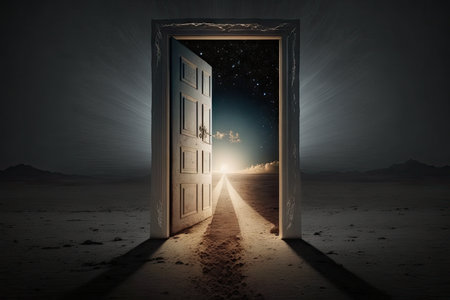 door, with bright light shining from behind, illuminating a path to heaven, created with generative aiの素材