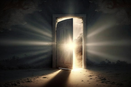 door, with bright light shining from behind, illuminating a path to heaven, created with generative aiの素材