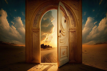the door from the real world to heaven, surrounded by a golden glow, created with generative aiの素材