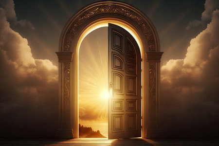 the door from the real world to heaven, surrounded by a golden glow, created with generative aiの素材