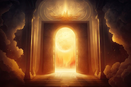 warm, inviting entrance to heaven, with golden light and music floating through the air, created with generative aiの素材
