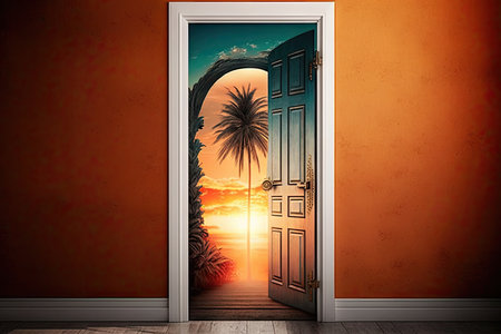 door, with fiery background and palm trees in the distance, leading to heaven, created with generative aiの素材