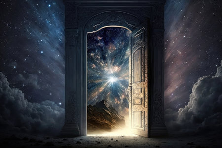 heavenly door, with rays of light shining through, against starry night sky, created with generative aiの素材