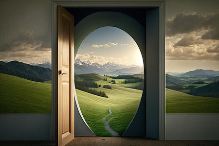 door, with view of peaceful meadow and rolling hills, leading to heaven, created with generative aiの素材