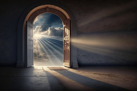 entryway to heaven with shining sunbeams shining through the clouds, created with generative aiの素材