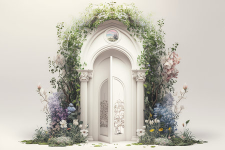 beautiful, shining white door to heaven surrounded by flowers and greenery, created with generative aiの素材