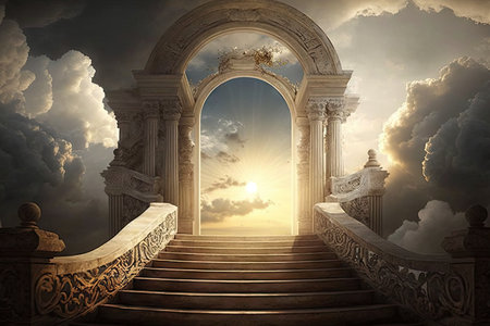 staircase that leads to the heavenly gates, with a view of clouds and sun in the background, created with generative aiの素材