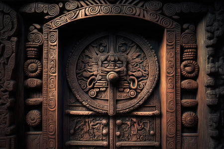 a wooden door, with intricate carvings and symbols of protection and redemption, created with generative aiの素材
