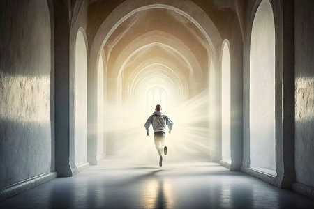 person, running through long and peaceful hallway, with doors to heaven waiting at the end, created with generative aiの素材