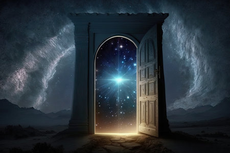heavenly door, with rays of light shining through, against starry night sky, created with generative aiの素材