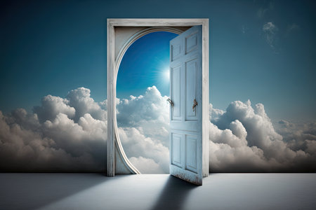 a door, with a view of an endless blue sky and fluffy white clouds, leading to heaven, created with generative aiの素材