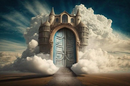 medieval castle with grand wooden door to heaven, opening up to the clouds, created with generative aiの素材