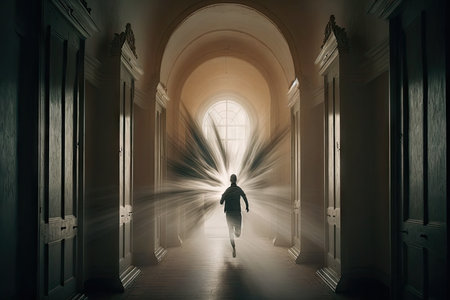 person, running through long and peaceful hallway, with doors to heaven waiting at the end, created with generative aiの素材