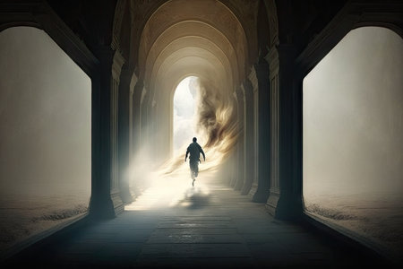 person, running through long and peaceful hallway, with doors to heaven waiting at the end, created with generative aiの素材