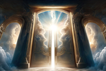 overhead view of grand double doors leading to heavenly realm, with a burst of light and clouds beyond, created with generative aiの素材