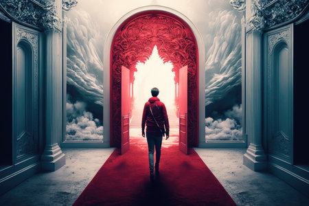 person, walking through red-carpeted hallway towards grandiose door to heaven, created with generative aiの素材