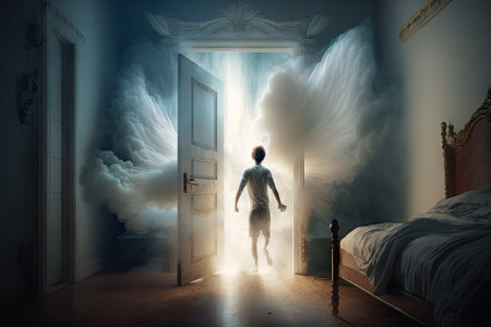 person, waking up in heavenly realm, with doors to otherworldly realms behind them, created with generative aiの素材