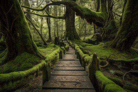 majestic tree with hanging moss in forest with duckboards path, created with generative aiの素材