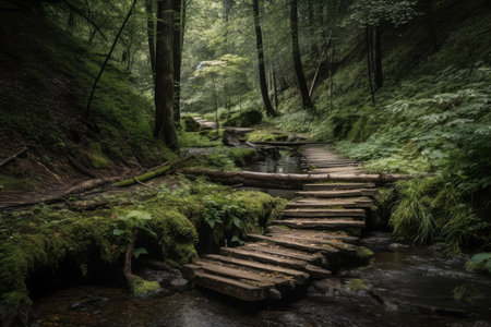 forest with duckboards path and hidden waterfall, created with generative aiの素材