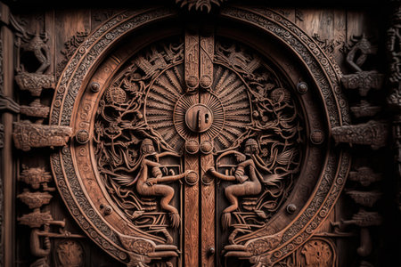 a wooden door, with intricate carvings and symbols of protection and redemption, created with generative aiの素材