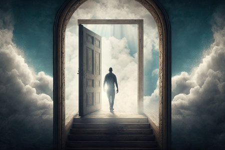 person, looking back at their life and all the people they have loved, before stepping through door to heaven, created with generative aiの素材