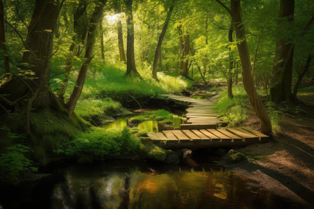 serene forest with duckboards path and babbling brook, created with generative aiの素材