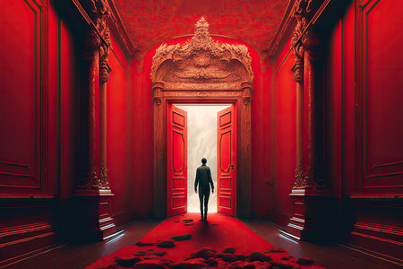 person, walking through red-carpeted hallway towards grandiose door to heaven, created with generative aiの素材
