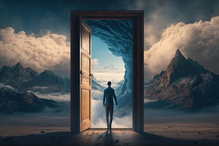 person, walking through door to heaven, with view of a beautiful and peaceful landscape visible on the other side, created with generative aiの素材