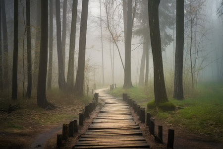 misty morning in the forest with duckboards path and tree trunks in the background, created with generative aiの素材