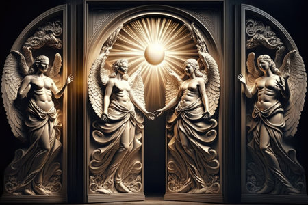 celestial doors, with sun shining through them, surrounded by angelic figures, created with generative aiの素材