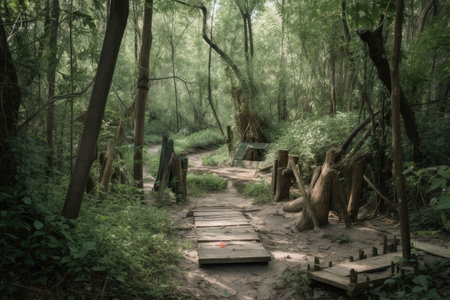 forest with duckboards path leading to the entrance of secret hideout, created with generative aiの素材