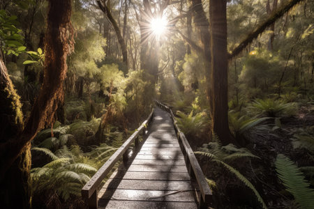 sun shining through the forest canopy, with duckboards path visible below, created with generative aiの素材
