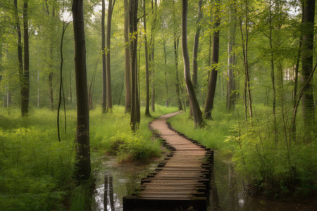 forest with duckboards path and towering trees, created with generative aiの素材
