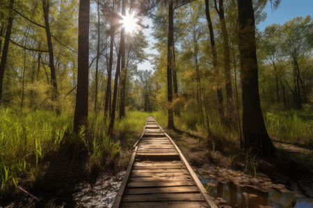 sunny forest with duckboards path and clear blue sky, created with generative aiの素材
