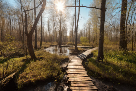 sunny forest with duckboards path and clear blue sky, created with generative aiの素材