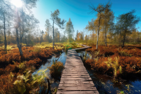 sunny forest with duckboards path and clear blue sky, created with generative aiの素材