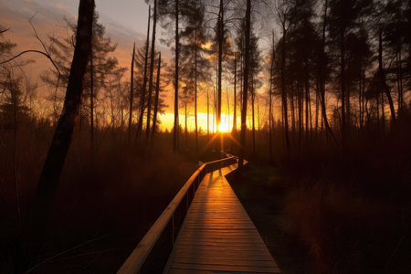 sunset, with duckboards path through the forest, and silhouetted trees in the background, created with generative aiの素材
