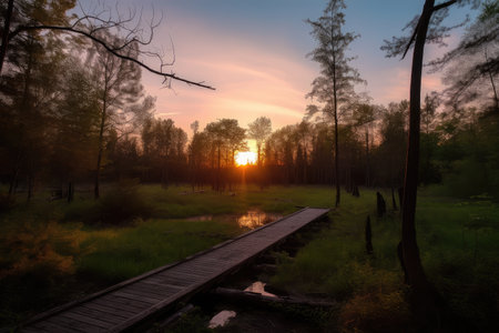 sunset, with duckboards path through the forest, and silhouetted trees in the background, created with generative aiの素材