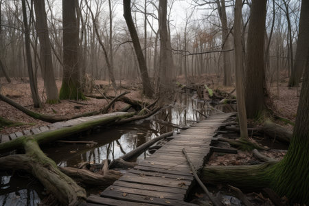 forest with duckboards path and fallen tree branches, created with generative aiの素材