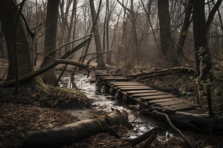 forest with duckboards path and fallen tree branches, created with generative aiの素材