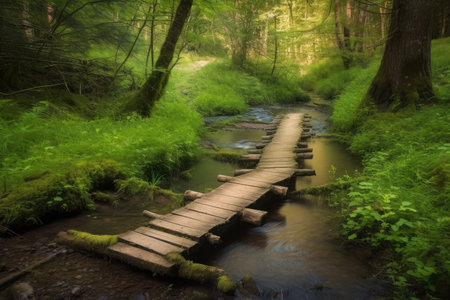forest with duckboards path and clear stream flowing through, created with generative aiの素材