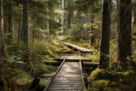 forest with duckboards path and evergreen trees, created with generative aiの素材