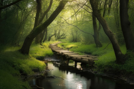 peaceful forest with duckboards path and babbling brook, created with generative aiの素材