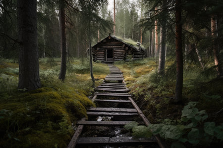 forest with duckboards path leading to abandoned cabin, created with generative aiの素材