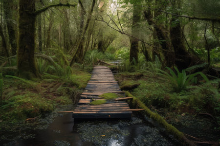 forest with duckboards path and stream running through it, created with generative aiの素材