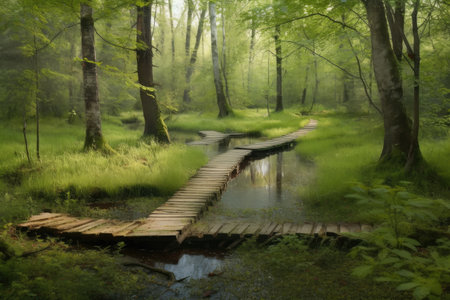 forest with duckboards path and stream running through it, created with generative aiの素材