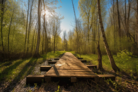 sunny forest with duckboards path and clear blue sky, created with generative aiの素材